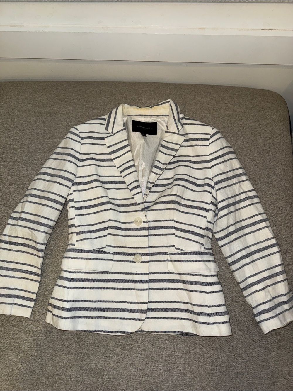 Banana Republic Women’s White and Navy Striped Linen Tailored Blazer